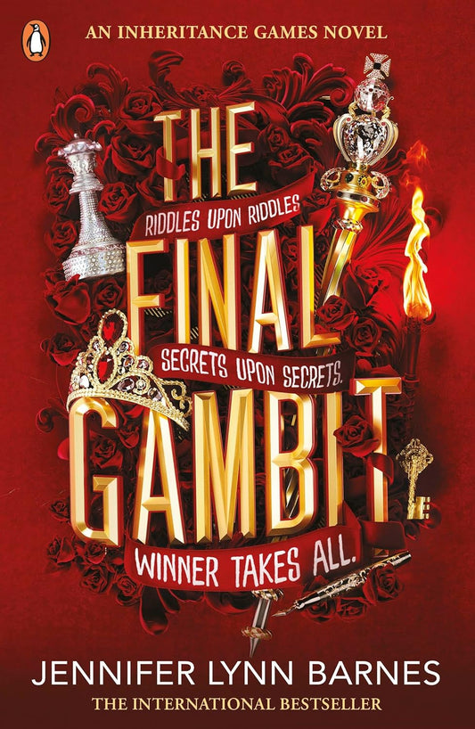 Book cover of 'The Final Gambit' by Jennifer Lynn Barnes with decorative elements on a red background. Best quality in Bangladesh.
