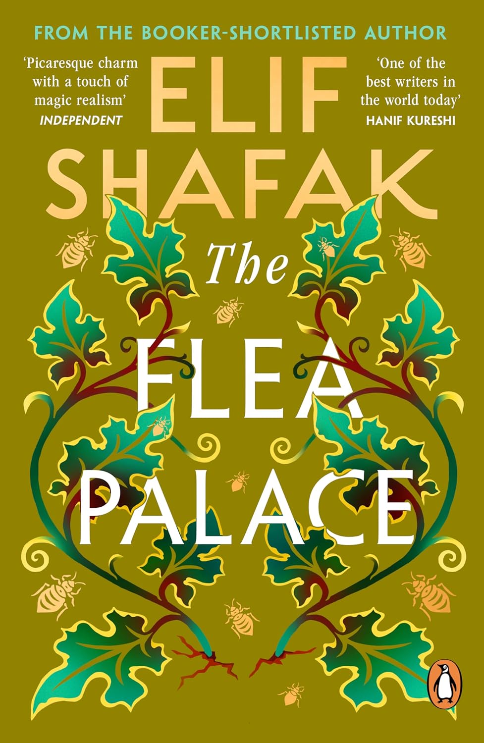 Book cover of 'The Flea Palace' by Elif Shafak with decorative elements on a green background.Customers seeking reader-friendly printed books across Bangladesh can purchase them through Bookish Wonderland, supported by urgent delivery options in Dhaka and high-quality stitched and glue binding.