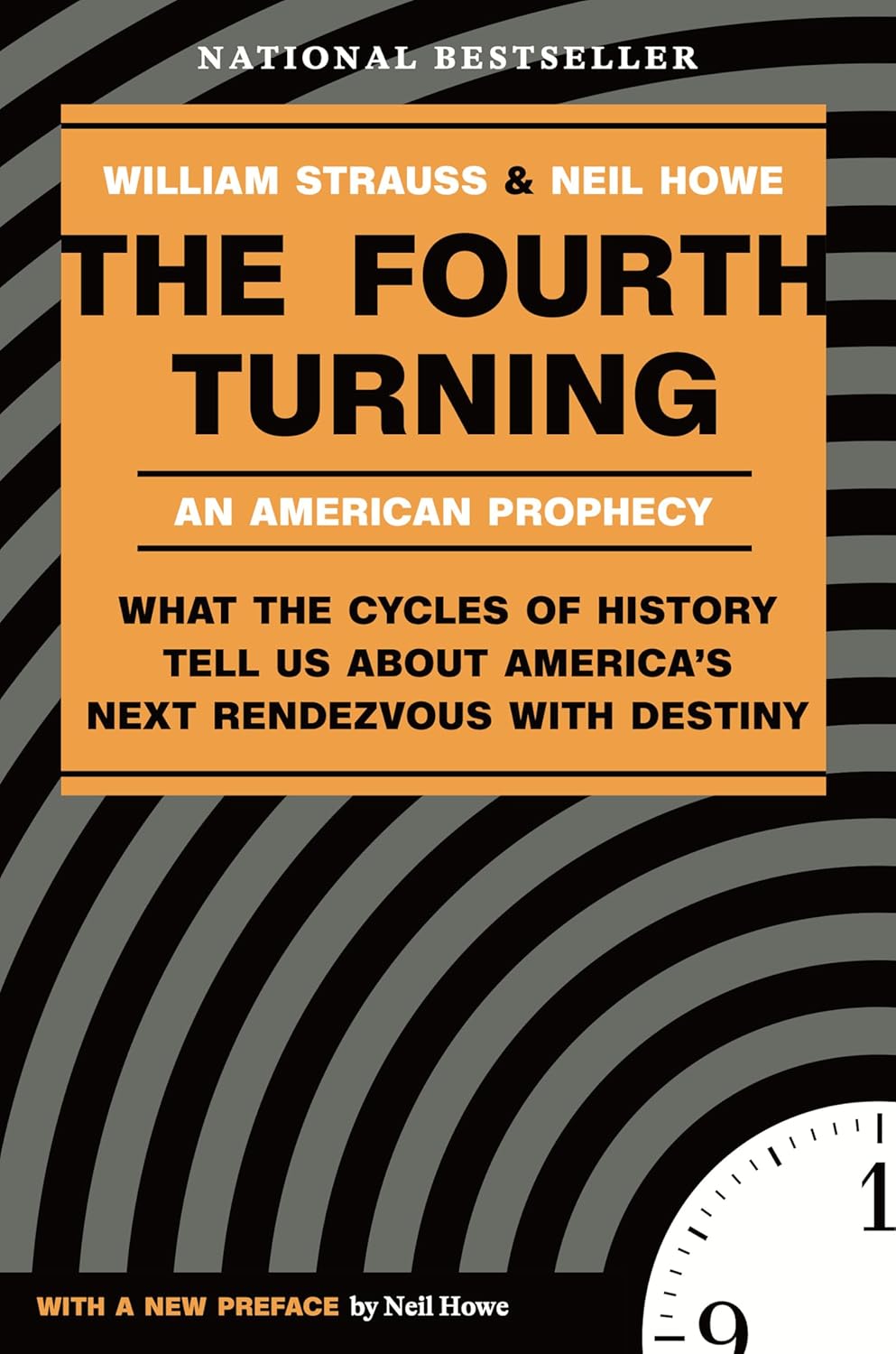 Book cover of 'The Fourth Turning' by William Strauss and Neil Howe with a black and gray striped background.Customers seeking printed English books throughout Bangladesh can buy them through Bookish Wonderland, supported by customer-friendly ordering and delivery and clear print with strong binding.
