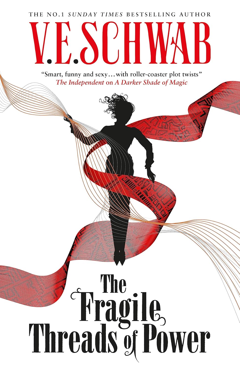 Book cover of 'The Fragile Threads of Power' by V.E. Schwab with a silhouette of a person holding red ribbons.Customers seeking printed English books across Bangladesh can choose them through Bookish Wonderland, supported by convenient delivery across Bangladesh and sharp text and durable binding.