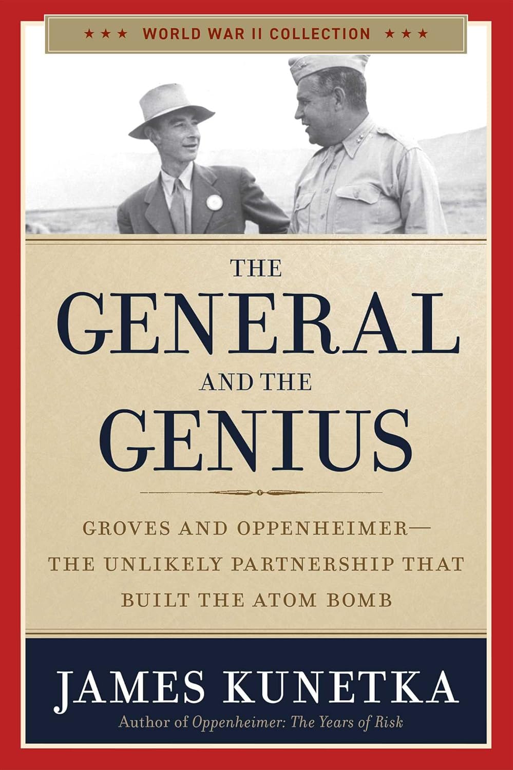 Book cover of 'The General and the Genius' by James Kunetka with a red border and image of two men on a beige background.Customers seeking books for study and leisure across Bangladesh can discover them through Bookish Wonderland, supported by fast delivery options in Dhaka and comfortable cream paper and clear printing.