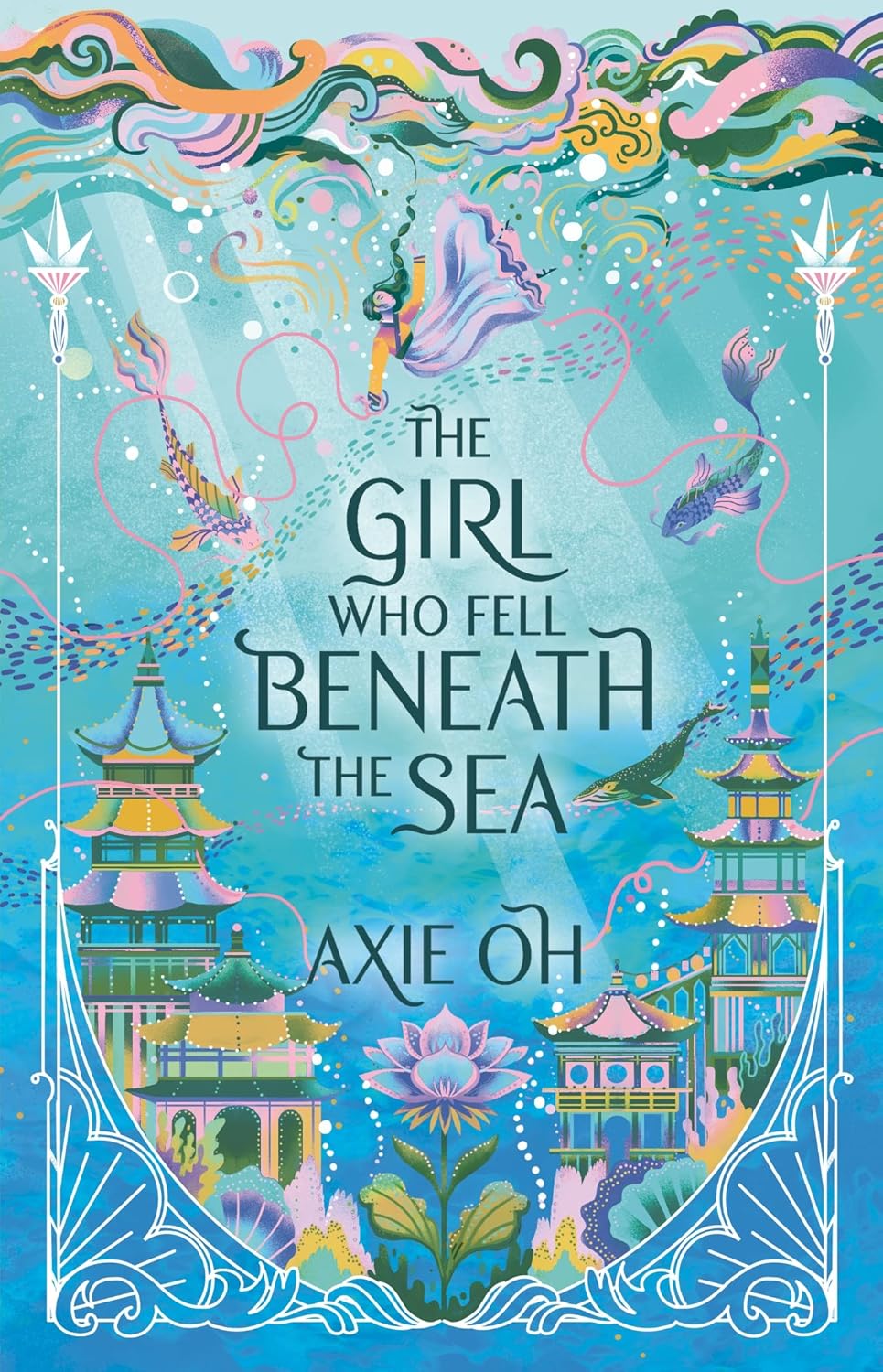 Book cover of 'The Girl Who Fell Beneath the Sea' with colorful mermaid illustrations and traditional East Asian architecture. For customers across Bangladesh, Bookish Wonderland makes it easier to choose premium-quality books through Cash on Delivery across Bangladesh and clear print with strong binding.