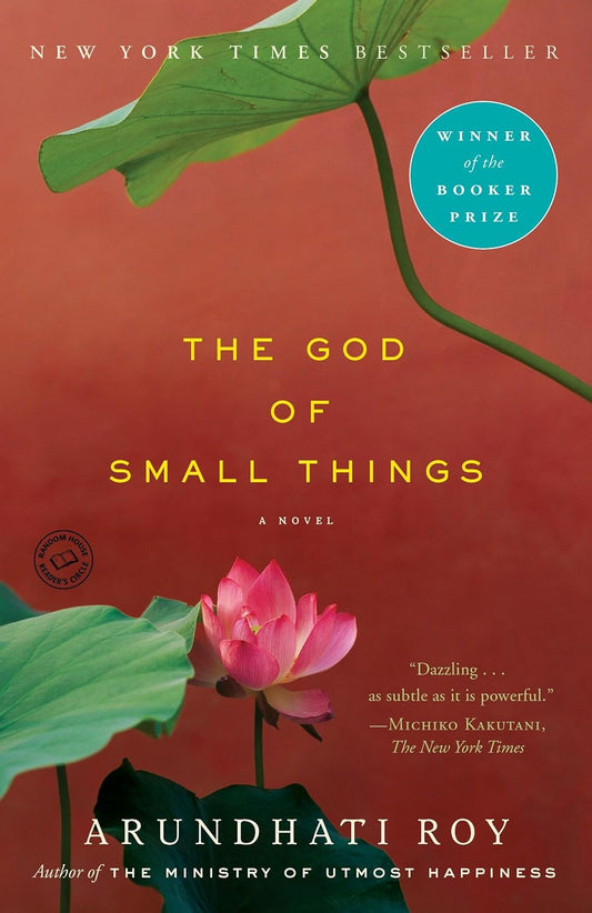 Book cover of 'The God of Small Things' with a pink flower and green leaves on a red background. Customers seeking premium-quality books throughout Bangladesh can shop for them through Bookish Wonderland, supported by convenient delivery across Bangladesh and sharp text and durable binding.