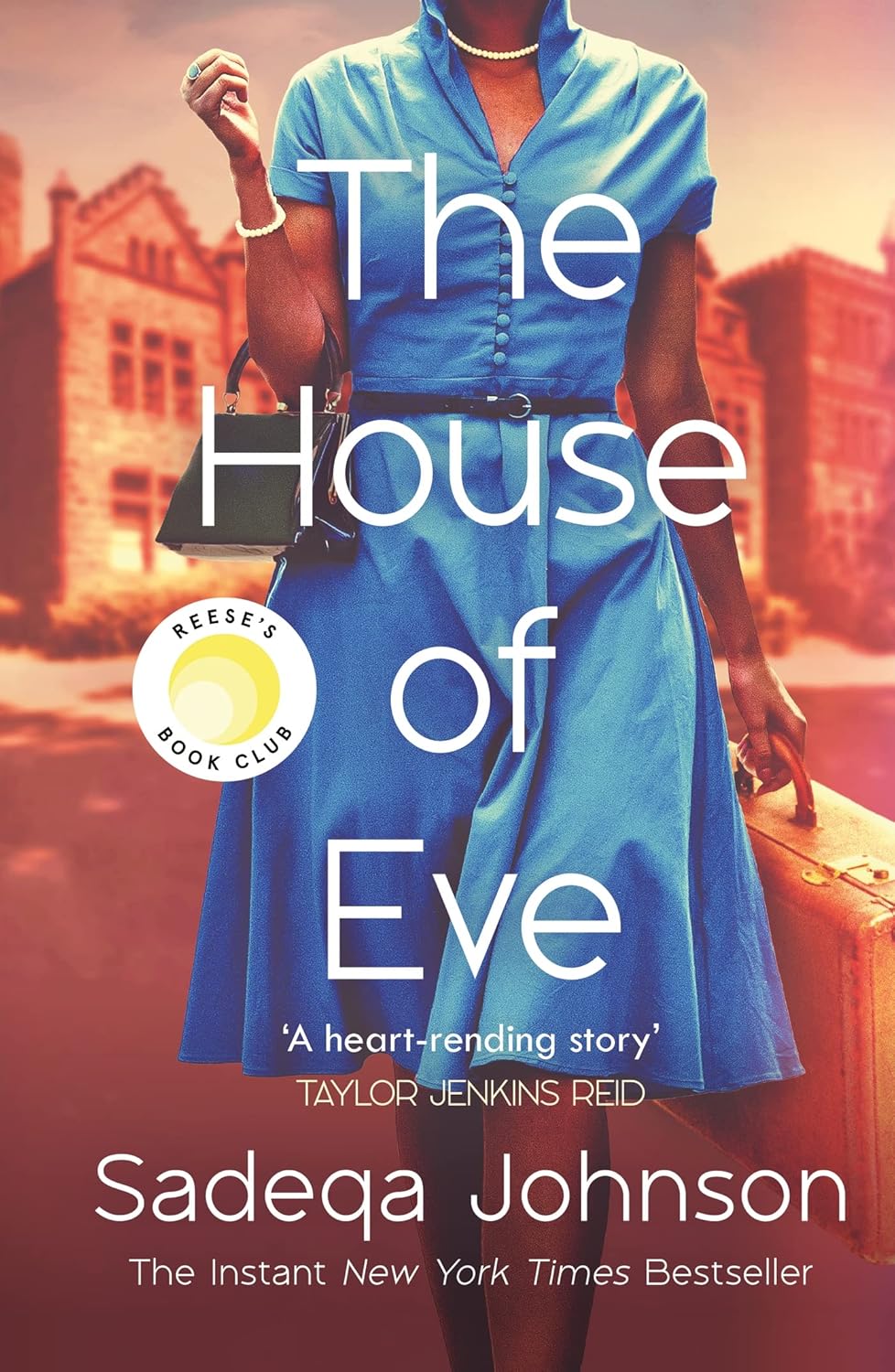 Book cover of 'The House of Eve' by Sadeqa Johnson with a woman in a blue dress holding a suitcase. For online book buying across Bangladesh, Bookish Wonderland lets readers find reader-friendly printed books with fast delivery options in Dhaka and attention to clear print with strong binding.