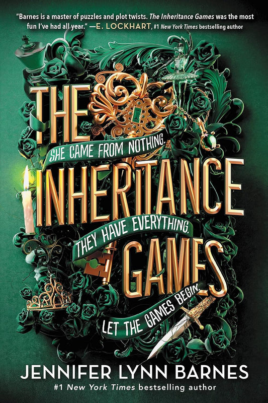 Book cover of 'The Inheritance Games' with ornate text and decorative elements on a dark green background. Best quality in Bangladesh.
