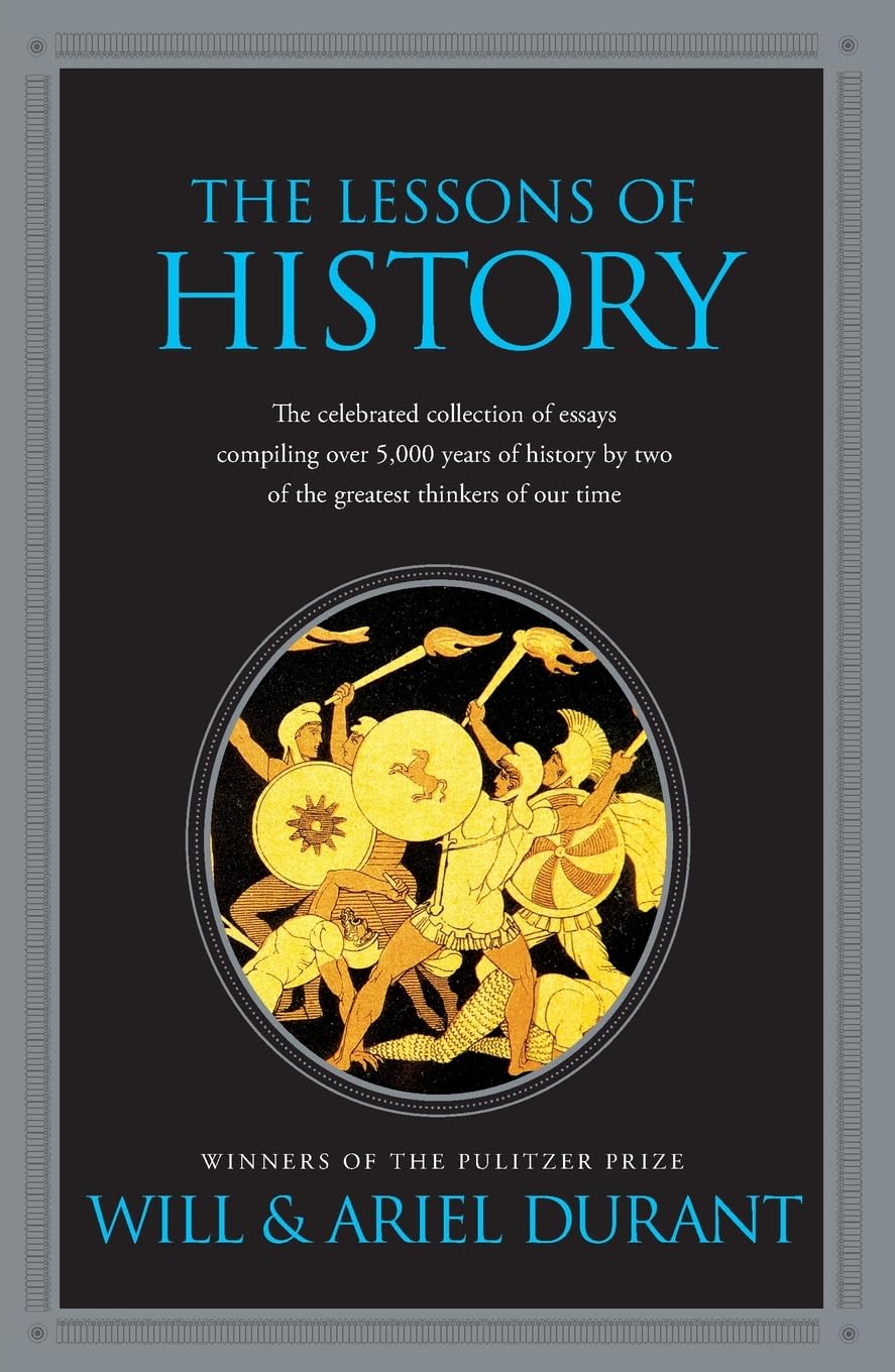 Book cover of 'The Lessons of History' by Will and Ariel Durant with a black background and gold illustration.Bookish Wonderland serves readers throughout Bangladesh with printed English books, making it simple to shop for online through delivery inside and outside Dhaka and premium eye-soothing cream paper.