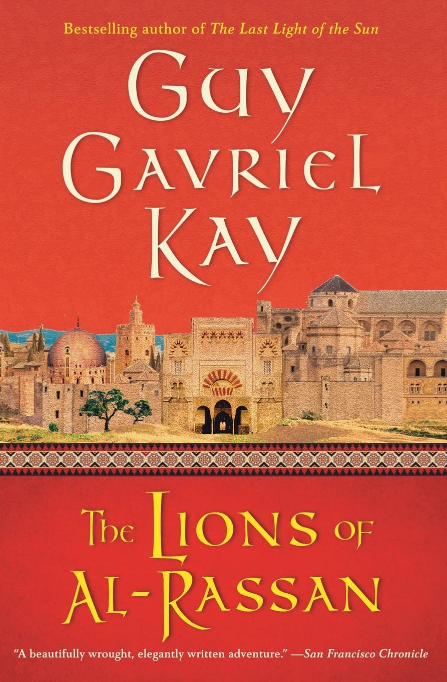 Book cover of 'The Lions of Al-Rassan' by Guy Gavriel Kay with a red background and architectural illustration. Bookish Wonderland serves readers across Bangladesh with English books, making it simple to choose online through fast delivery options in Dhaka and crystal-clear print.