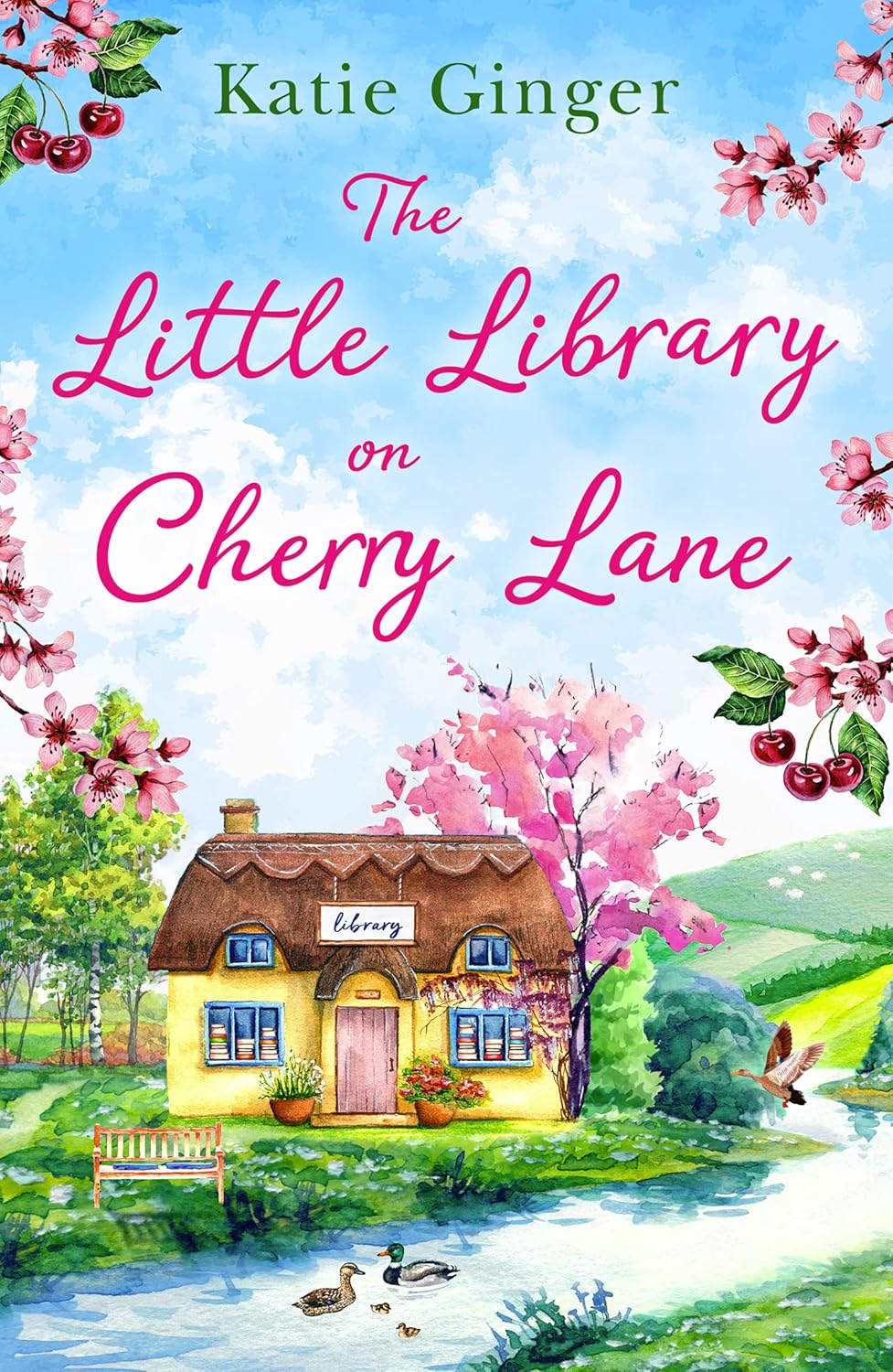 Book cover of 'The Little Library on Cherry Lane' by Katie Ginger with a colorful illustration of a library, cherry blossoms, and ducks.Bookish Wonderland serves readers throughout Bangladesh with quality English books, making it simple to shop for online through Cash on Delivery across Bangladesh and reader-friendly cream paper.
