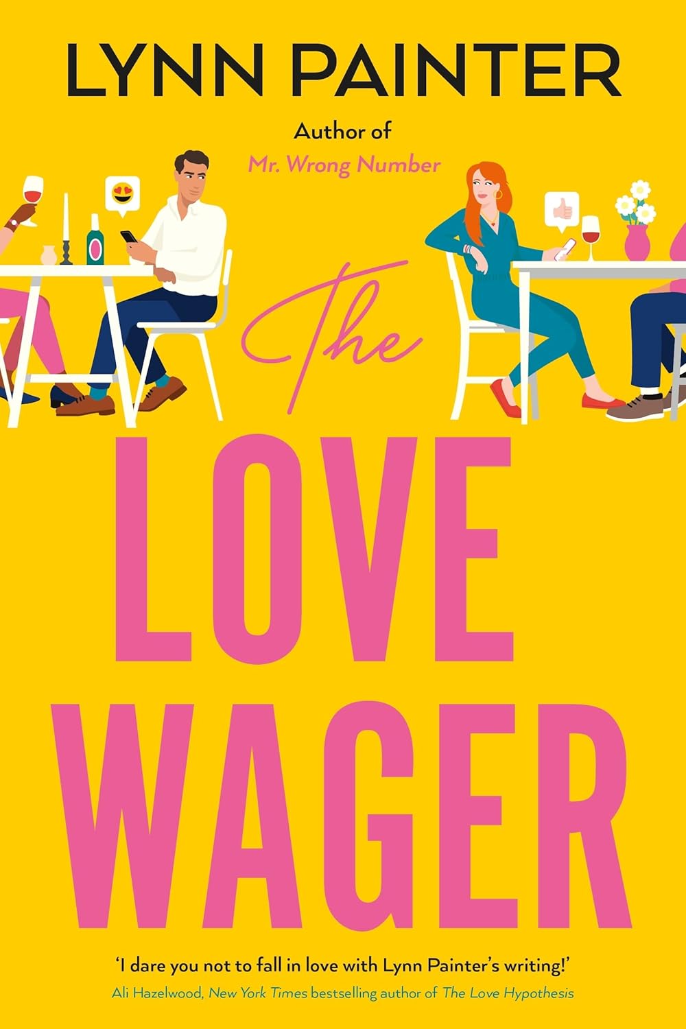 Book cover of 'The Love Wager' by Lynn Painter with a yellow background and people at a table. Customers seeking books for study and leisure across Bangladesh can find them through Bookish Wonderland, supported by online ordering with home delivery and sharp text and durable binding.
