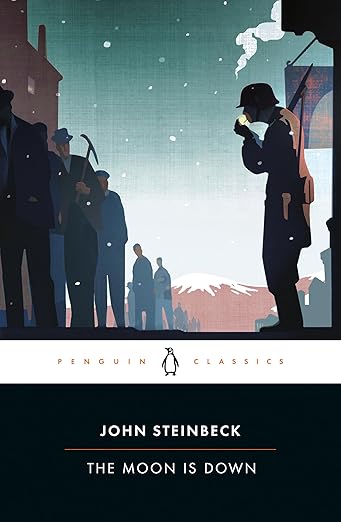 Book cover of 'The Moon Is Down' by John Steinbeck featuring a silhouette scene.Bookish Wonderland supports book lovers across Bangladesh who want to discover durable printed books, offering convenient delivery across Bangladesh plus high-quality stitched and glue binding.