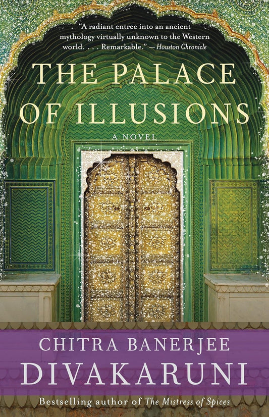 Book cover of 'The Palace of Illusions' by Chitra Banerjee Divakaruni with decorative text and green door design. Bookish Wonderland offers premium-quality books throughout Bangladesh.