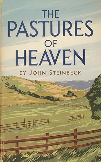 Book cover of 'The Pastures of Heaven' by John Steinbeck with a pastoral landscape illustration. Bookish Wonderland helps readers across Bangladesh buy reader-friendly printed books online with online ordering with home delivery and a focus on premium eye-soothing cream paper.