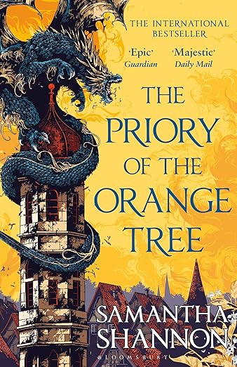 Book cover of 'The Priory of the Orange Tree' with a dragon and tower design on a yellow background. Bookish Wonderland helps readers across Bangladesh find English books online with delivery inside and outside Dhaka and a focus on durable stitched-and-glue binding.