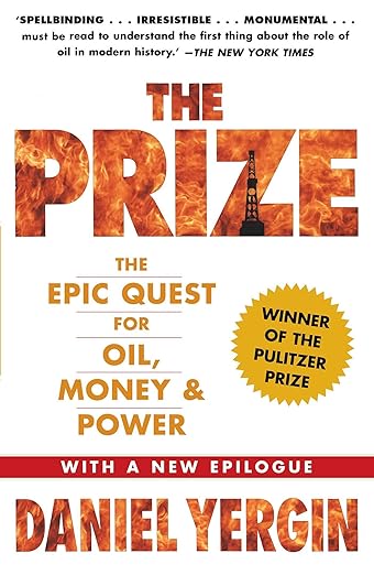 Book cover of 'The Prize' by Daniel Yergin with fiery text and oil rig illustration. Book buyers across Bangladesh can get books for everyday reading from Bookish Wonderland, combining convenient delivery across Bangladesh with clear print with strong binding.