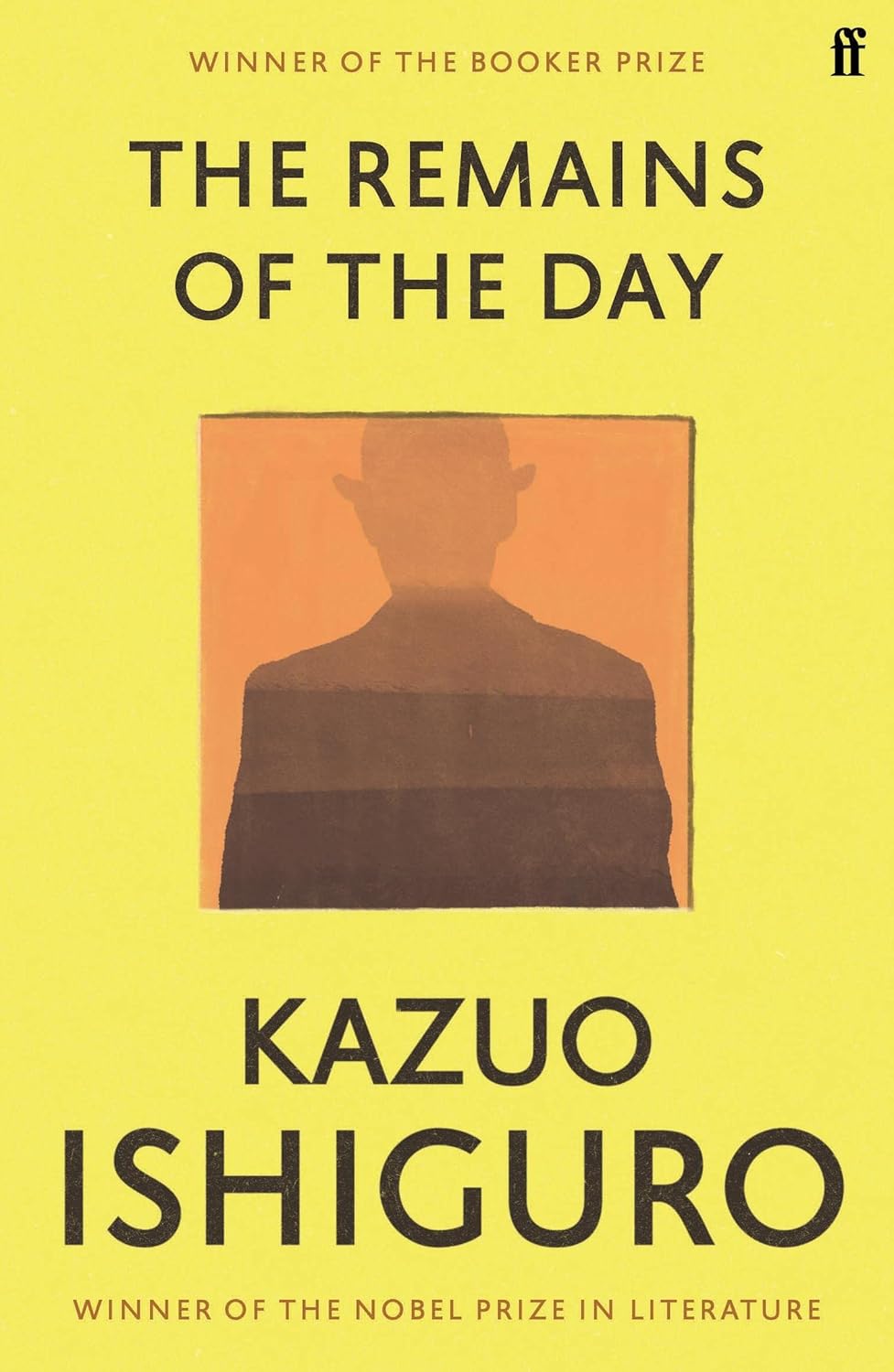 Book cover of 'The Remains of the Day' by Kazuo Ishiguro with a yellow background and silhouette of a man. Book buyers across Bangladesh can get English books from Bookish Wonderland, combining Cash on Delivery across Bangladesh with premium eye-soothing cream paper.