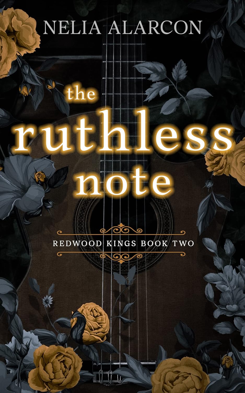 Book cover of 'The Ruthless Note' by Nelia Alarcon with a guitar and flowers on a dark background. Get this book in Bangladesh from bookish wonderland.