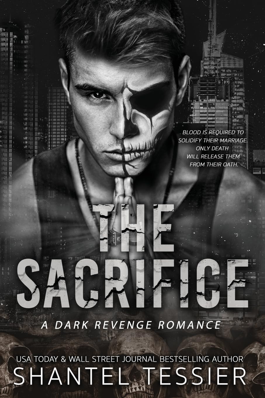 Book cover of 'The Sacrifice' featuring a person with a skull-like face paint against a cityscape background. Best quality in Bangladesh.