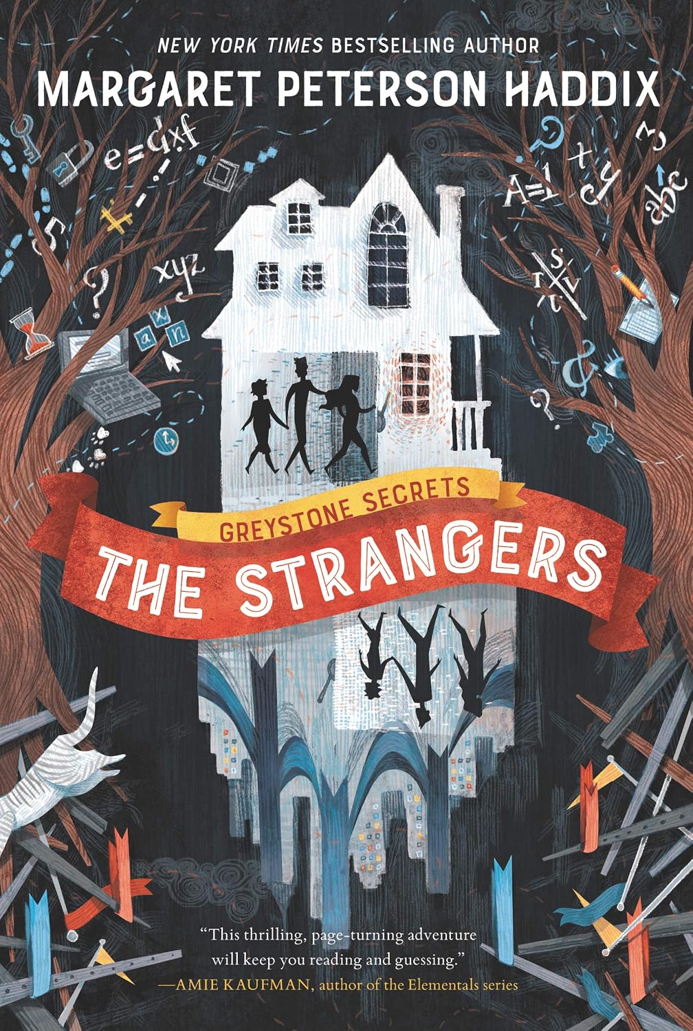Book cover for 'The Strangers' by Margaret Peterson Haddix, featuring a white haunted house surrounded by dark trees, silhouetted figures, and a red banner reading 'Greystone Secrets The Strangers'. Bookish Wonderland is building a stronger reading community in Bangladesh.