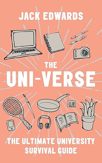 Book cover of 'The Uni-Verse' by Jack Edwards with illustrations of university-related items on a peach background. price in BD