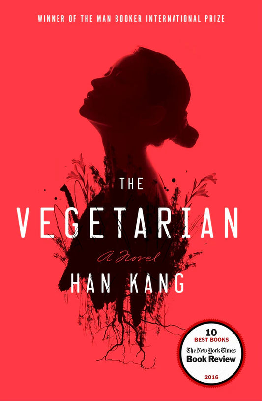 Book cover of 'The Vegetarian' by Han Kang with a silhouette of a woman on a red background. book available at Bookish Wonderland