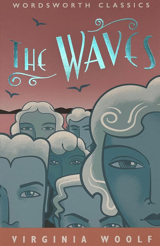 Book cover of 'The Waves' by Virginia Woolf with stylized faces and a pinkish-red background. book in BD