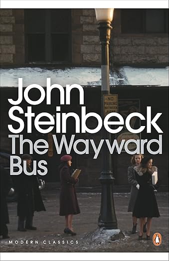 Book cover of 'The Wayward Bus' by John Steinbeck with a street scene in the background. available in BD
