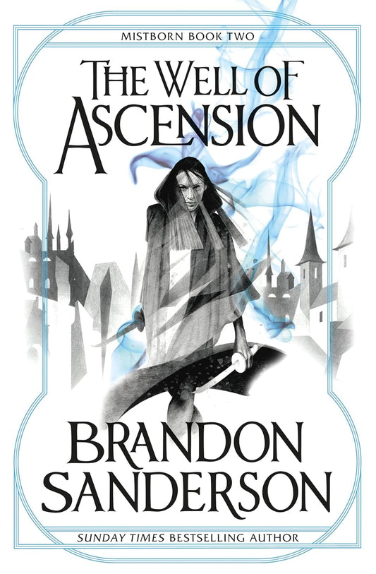 Book cover of 'The Well of Ascension' by Brandon Sanderson with a character holding a sword and cityscape in the background. Best quality print in Bangladesh from Bookish Wonderland.
