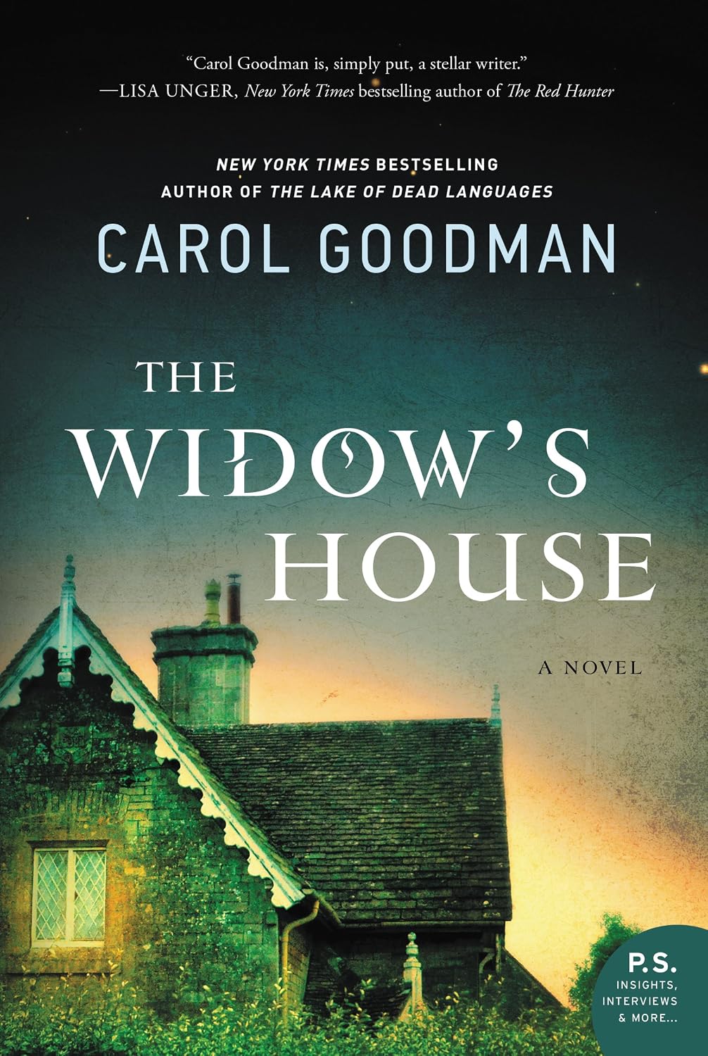 Book cover of 'The Widow's House' by Carol Goodman with a house and sunset background. Bookish Wonderland provides books for every reading interest in Bangladesh.