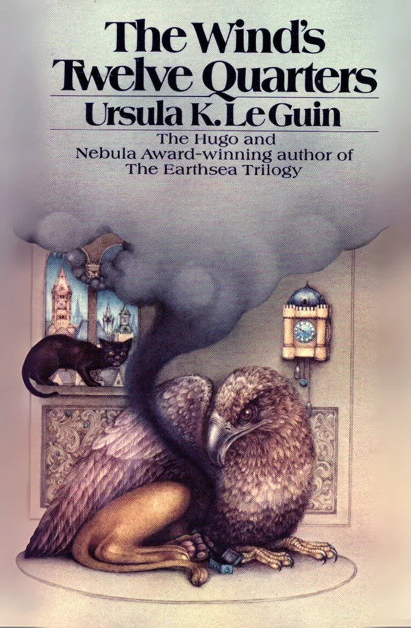 Book cover of 'The Wind's Twelve Quarters' by Ursula K. Le Guin featuring an owl and a cat with a cloud above them which is available in Bangladesh.