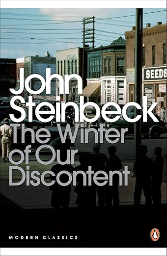 Book cover of 'The Winter of Our Discontent' by John Steinbeck with a city street scene in the background. available in BD
