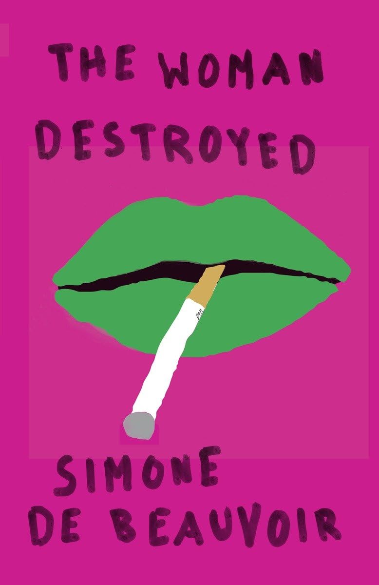 Book cover of 'The Woman Destroyed' by Simone de Beauvoir with green lips and a cigarette on a pink background. Online shoppers across Bangladesh can shop for books for everyday reading at Bookish Wonderland with fast delivery options in Dhaka and editions featuring reader-friendly cream paper.