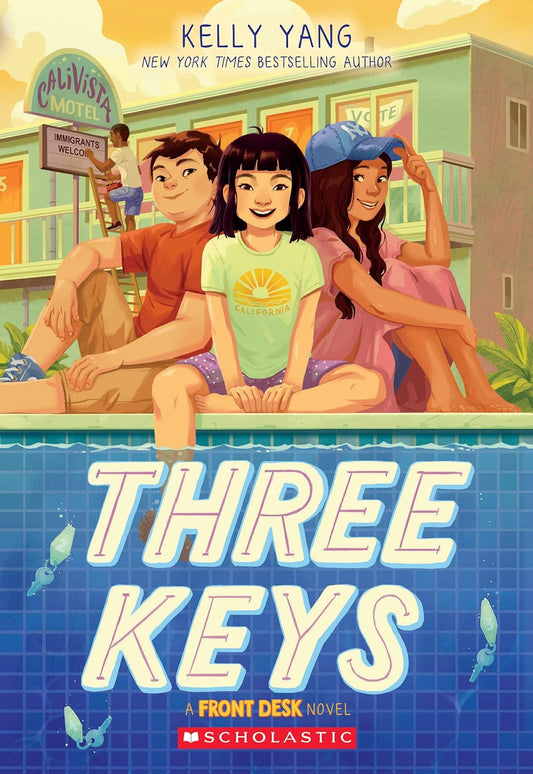 Book cover of 'Three Keys' featuring three characters by a pool with a motel in the background.