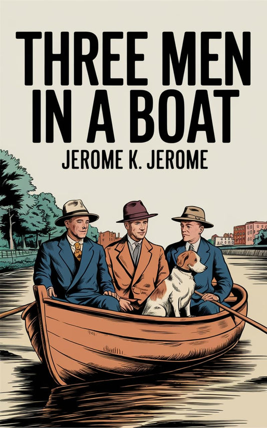 Book cover for 'Three Men in a Boat' by Jerome K. Jerome, featuring an illustration of three men in suits and hats rowing a small boat with a dog on a beige background. The largest online bookshop in Bangladesh.
