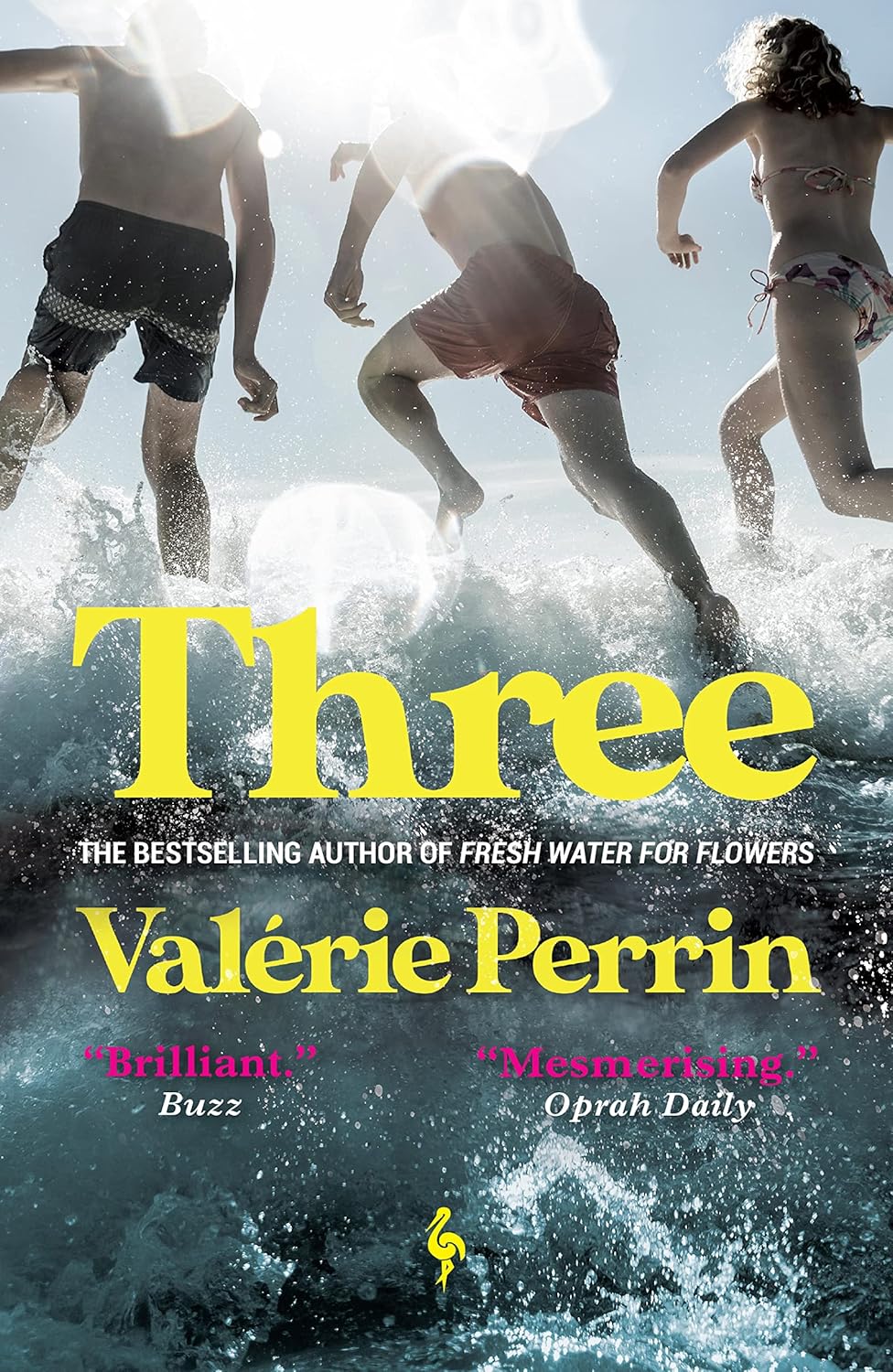 Book cover of 'Three' by Valérie Perrin with three people running into water. price in BD