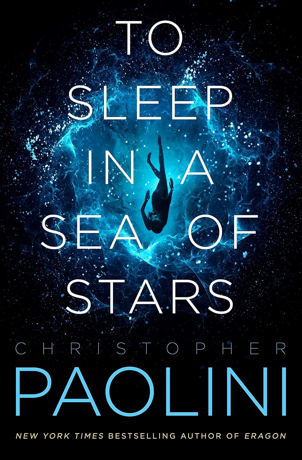 Book cover of 'To Sleep in a Sea of Stars' by Christopher Paolini with a silhouette of a person underwater.