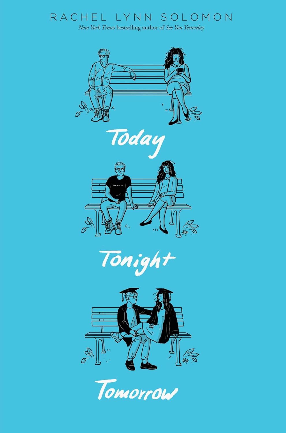 Book cover for "Today Tonight Tomorrow" by Rachel Lynn Solomon, featuring vibrant illustrated artwork of two high school rivals against a city backdrop, paired with bold title typography.