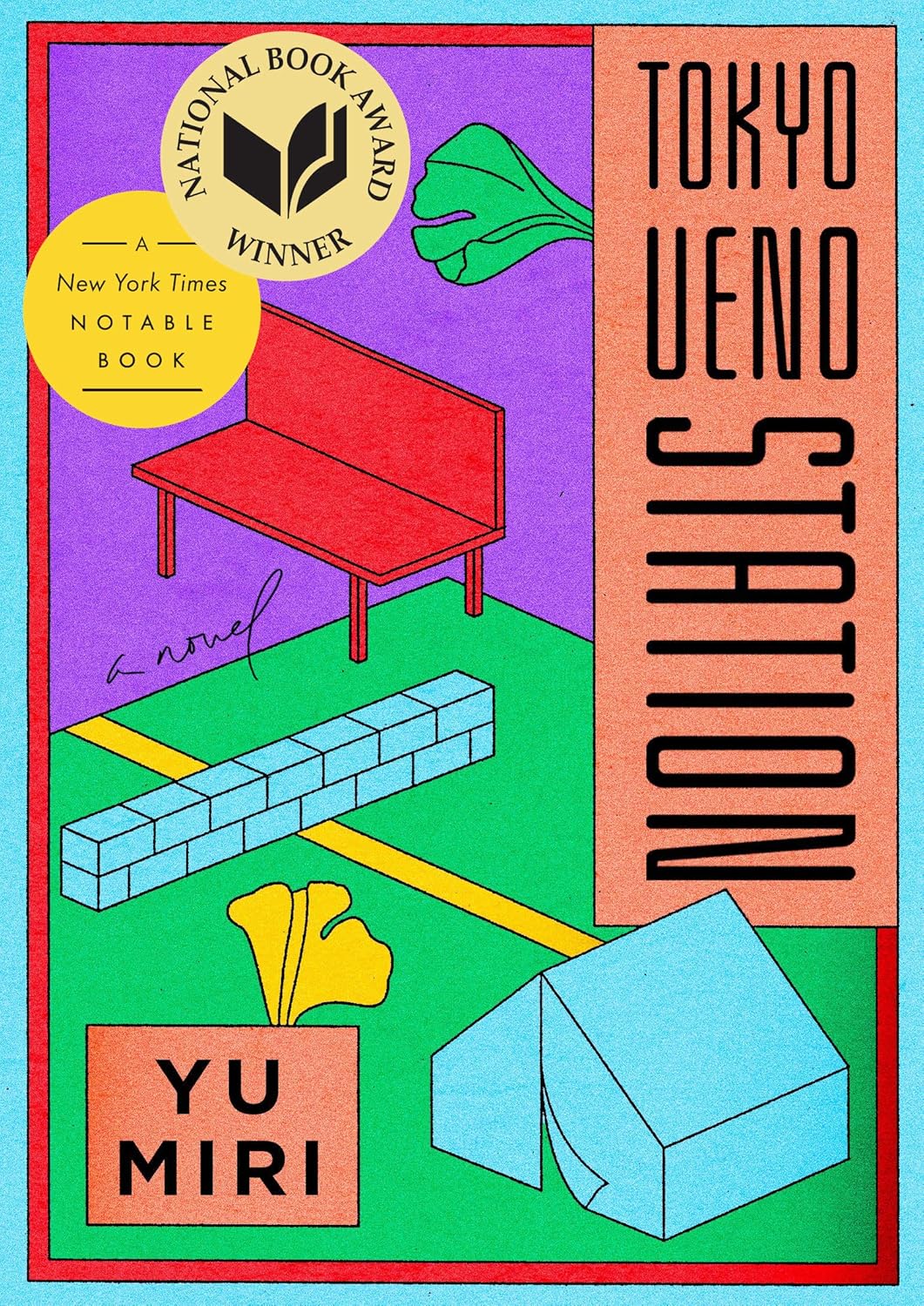 Book cover of 'Tokyo Ueno Station' by Yu Miri with colorful illustrations and award badge in bangladesh