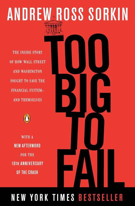 Book cover of 'Too Big to Fail' by Andrew Ross Sorkin with a red background and black text. in BD