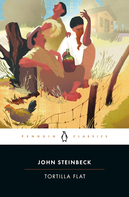 Book cover of 'Tortilla Flat' by John Steinbeck featuring an illustration of people in a field. in BD