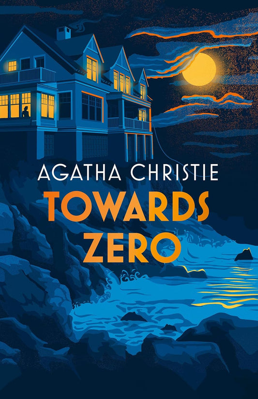 Book cover of 'Towards Zero' by Agatha Christie with a coastal scene and moonlit sky.