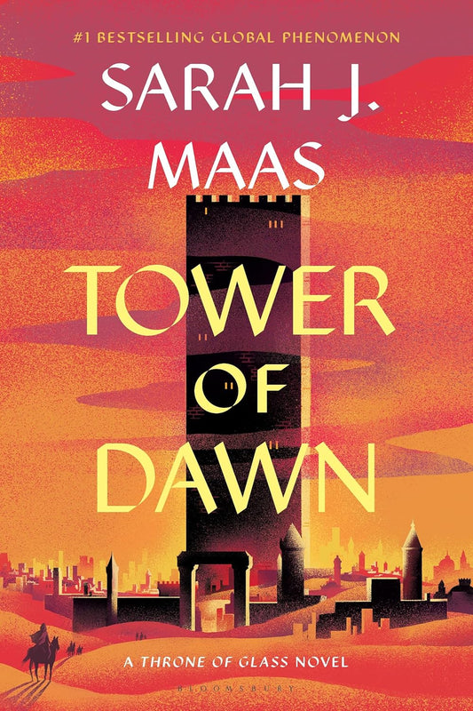Book cover of 'Tower of Dawn' by Sarah J. Maas with a castle illustration against an orange sky.
