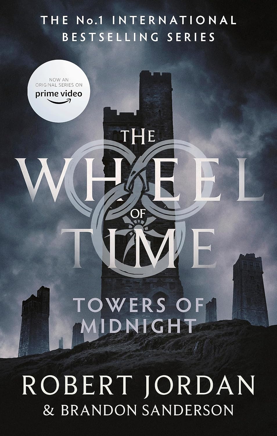Book cover of 'Towers of Midnight' from 'The Wheel of Time' series with a dark, stormy background.