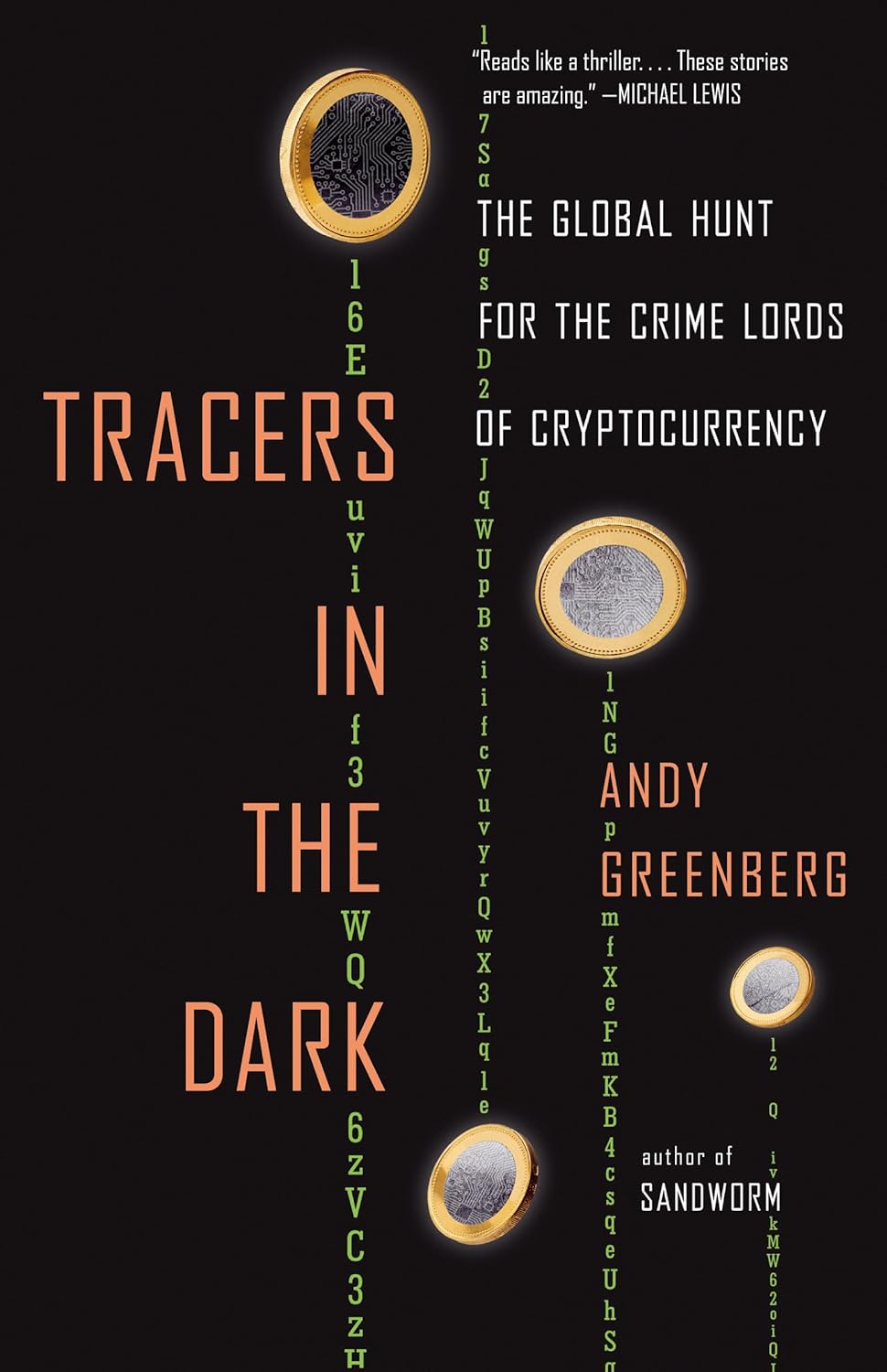 Book cover of 'Tracers in the Dark' with text and circular designs on a black background book in bd.