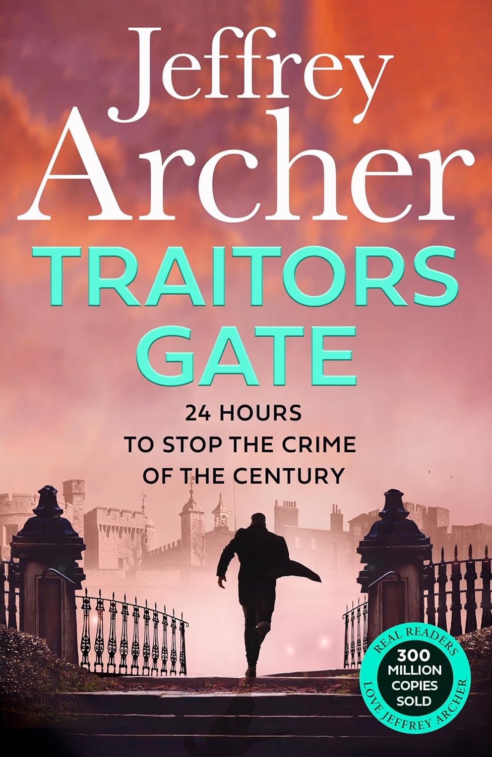 Book cover of 'Traitors Gate' by Jeffrey Archer with a silhouette of a person walking towards a gate, best quality in Bangladesh