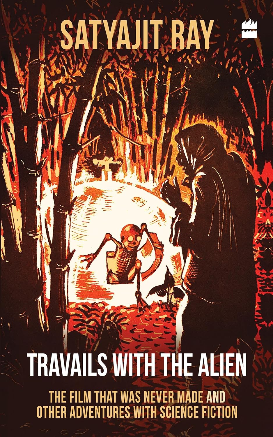 Book cover of 'Travails with the Alien' by Satyajit Ray featuring a silhouette of a person and an alien figure, best print quality available in Bangladesh