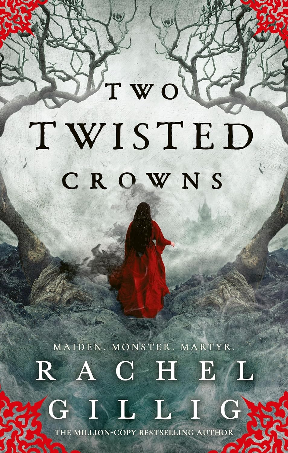 Book cover of 'Two Twisted Crowns' by Rachel Gillig with a woman in a red dress walking through a snowy landscape with twisted trees. available in Bangladesh
