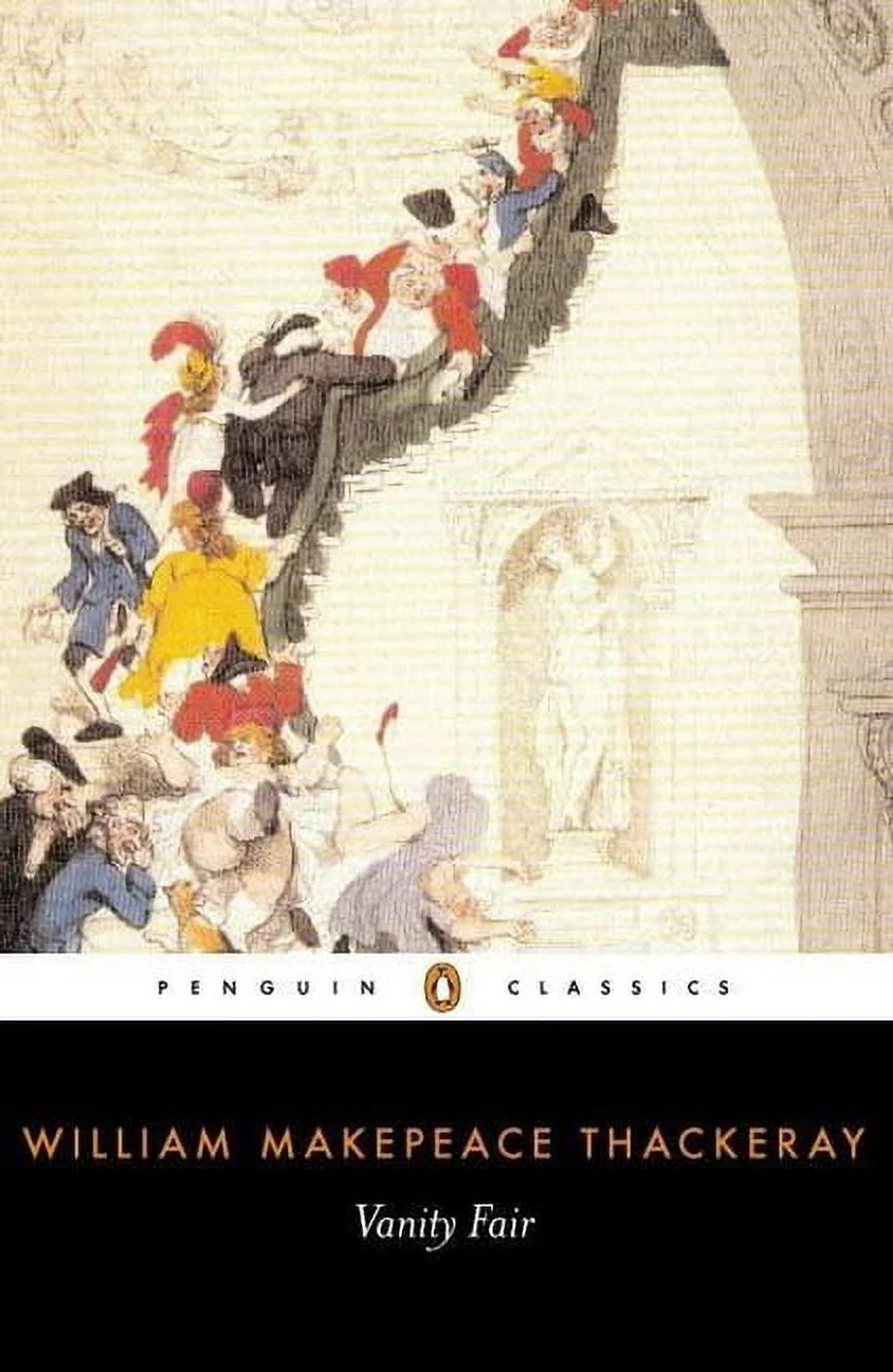 Book cover of 'Vanity Fair' by William Makepeace Thackeray with a colorful illustration on a white background. available in bd