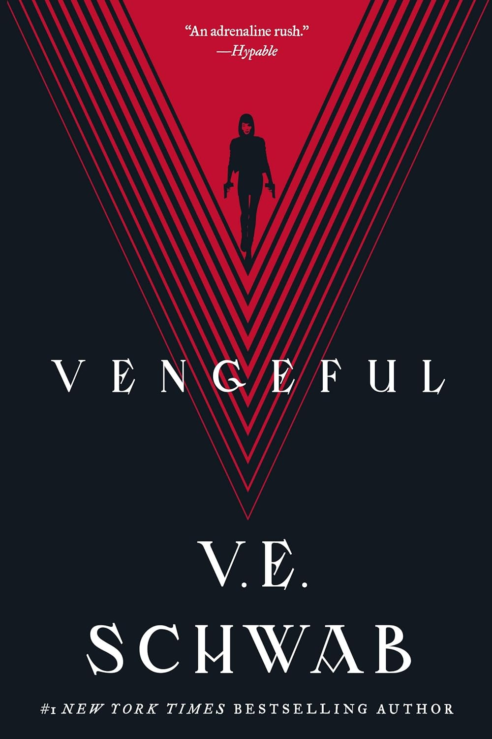 Book cover for "Vengeful" by V.E. Schwab (Villains Series Book 2), featuring bold title typography overlaid with dark, atmospheric fantasy design elements and bestselling author branding.