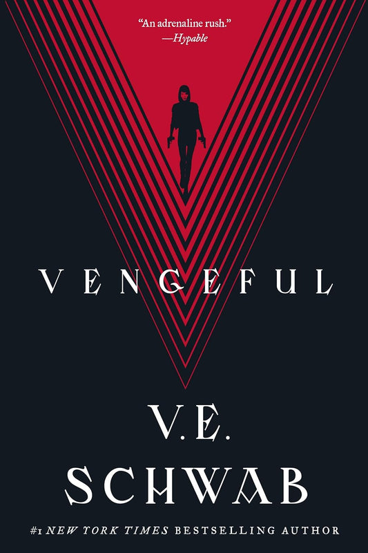 Book cover for "Vengeful" by V.E. Schwab (Villains Series Book 2), featuring bold title typography overlaid with dark, atmospheric fantasy design elements and bestselling author branding.