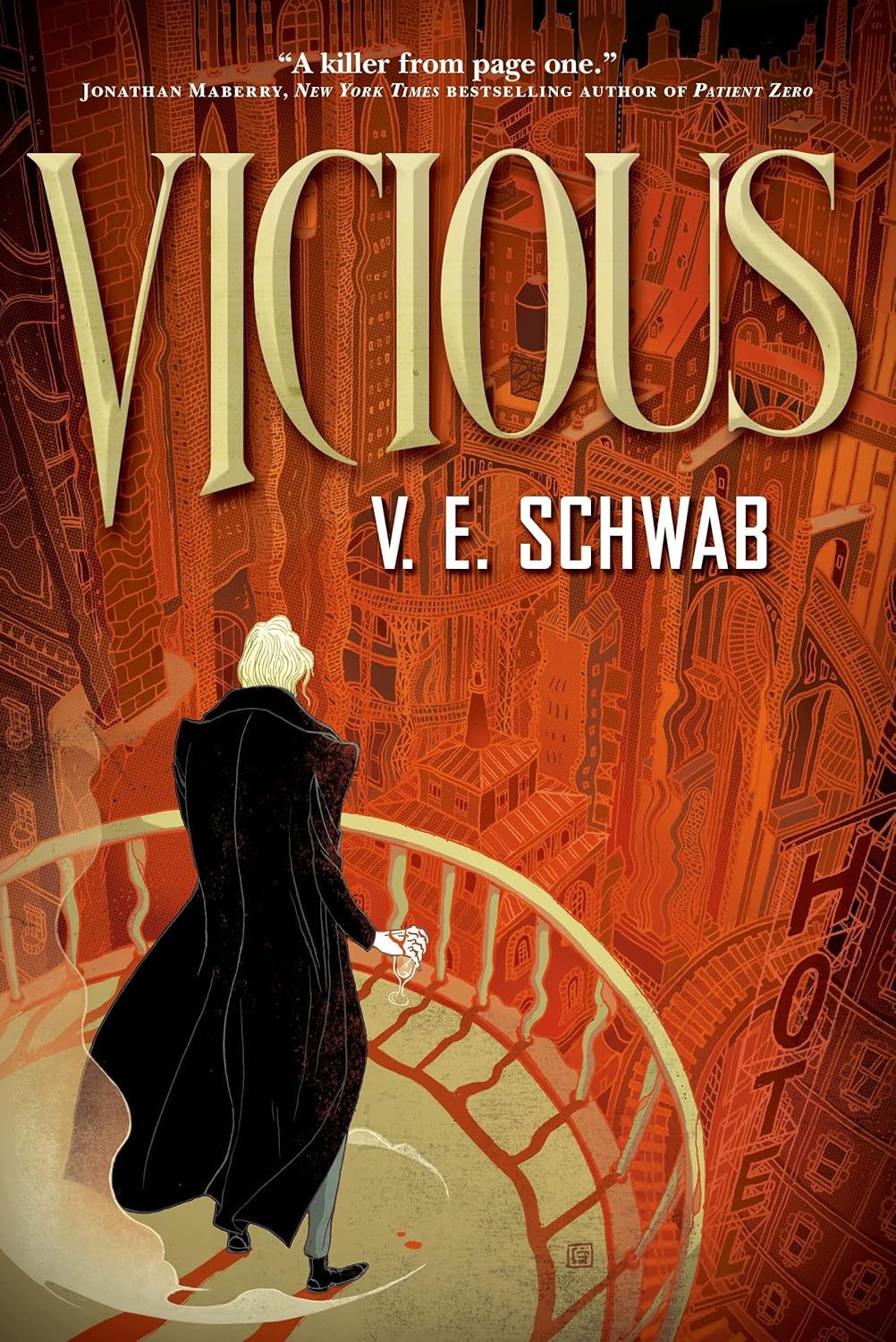 Book cover of 'Vicious' by V. E. Schwab with a person in a black coat walking away from a grand hotel in bangladesh.